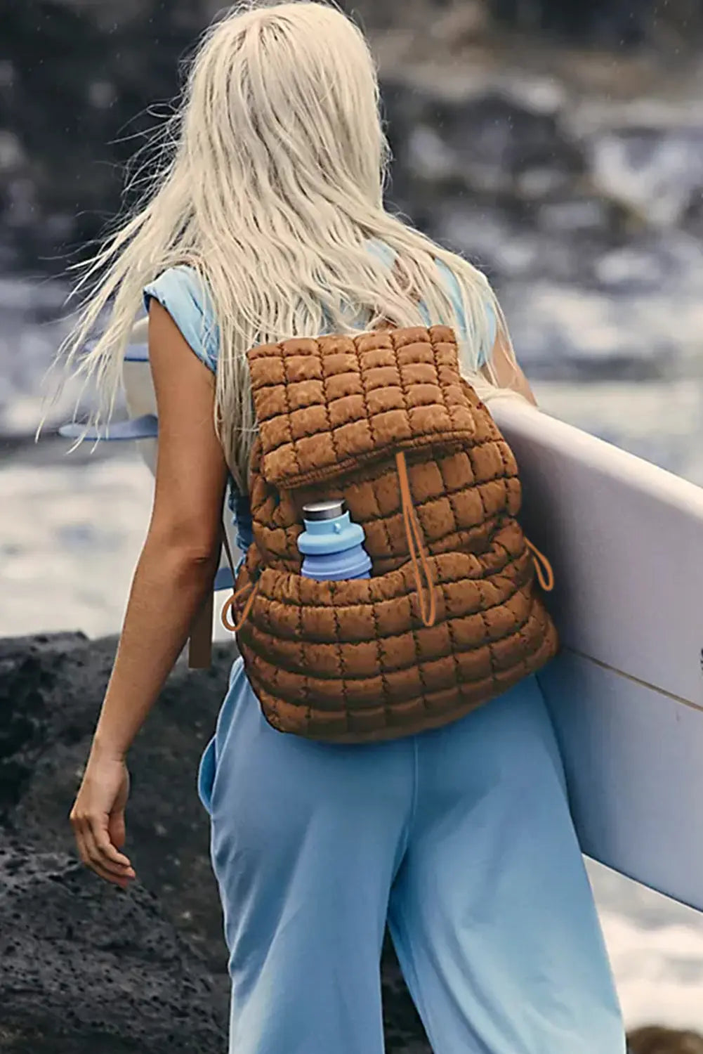 Black Solid Flapped Quilted Puffer Backpack - eAura