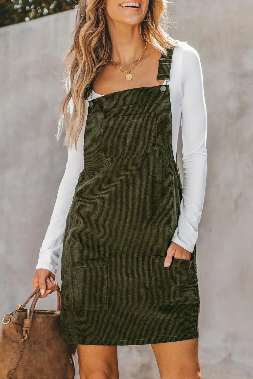 Black Solid Front Pockets Sleeveless Corduroy Overall Dress Beagle Boutique Fashion Outlet