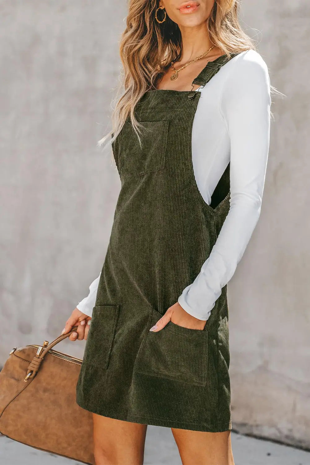 Black Solid Front Pockets Sleeveless Corduroy Overall Dress Beagle Boutique Fashion Outlet