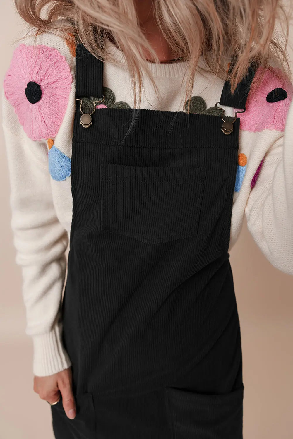 Black Solid Front Pockets Sleeveless Corduroy Overall Dress Beagle Boutique Fashion Outlet