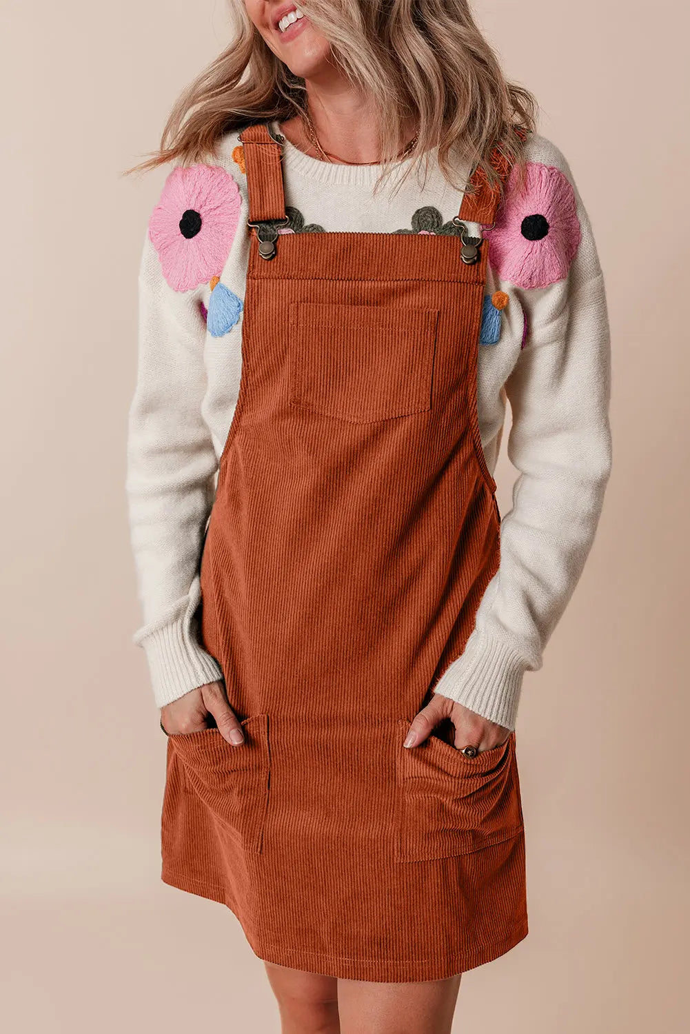Black Solid Front Pockets Sleeveless Corduroy Overall Dress Beagle Boutique Fashion Outlet