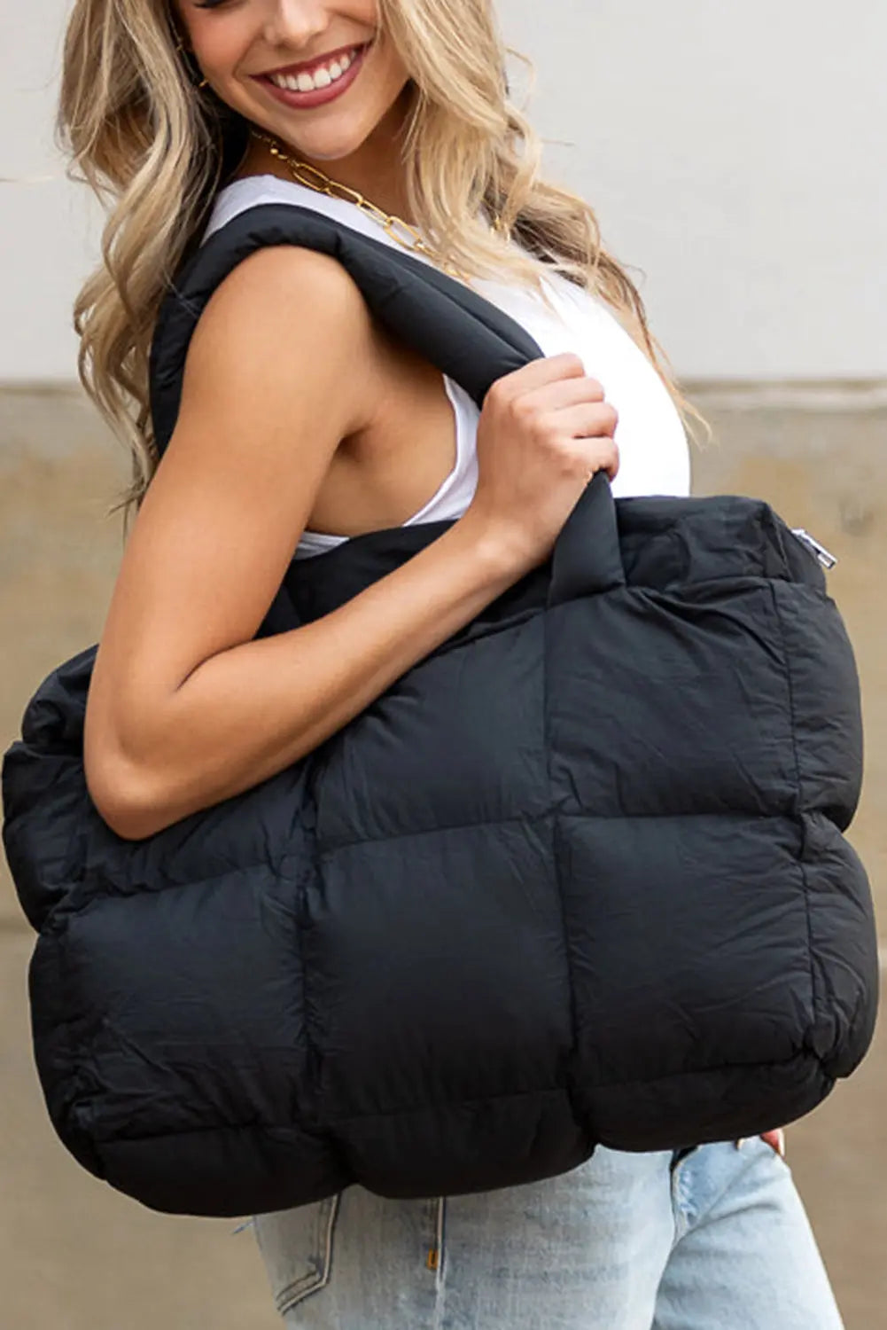 Black Solid Quilted Puffy Zipped Large Tote Bag - eAura