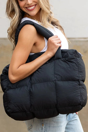Black Solid Quilted Puffy Zipped Large Tote Bag - eAura