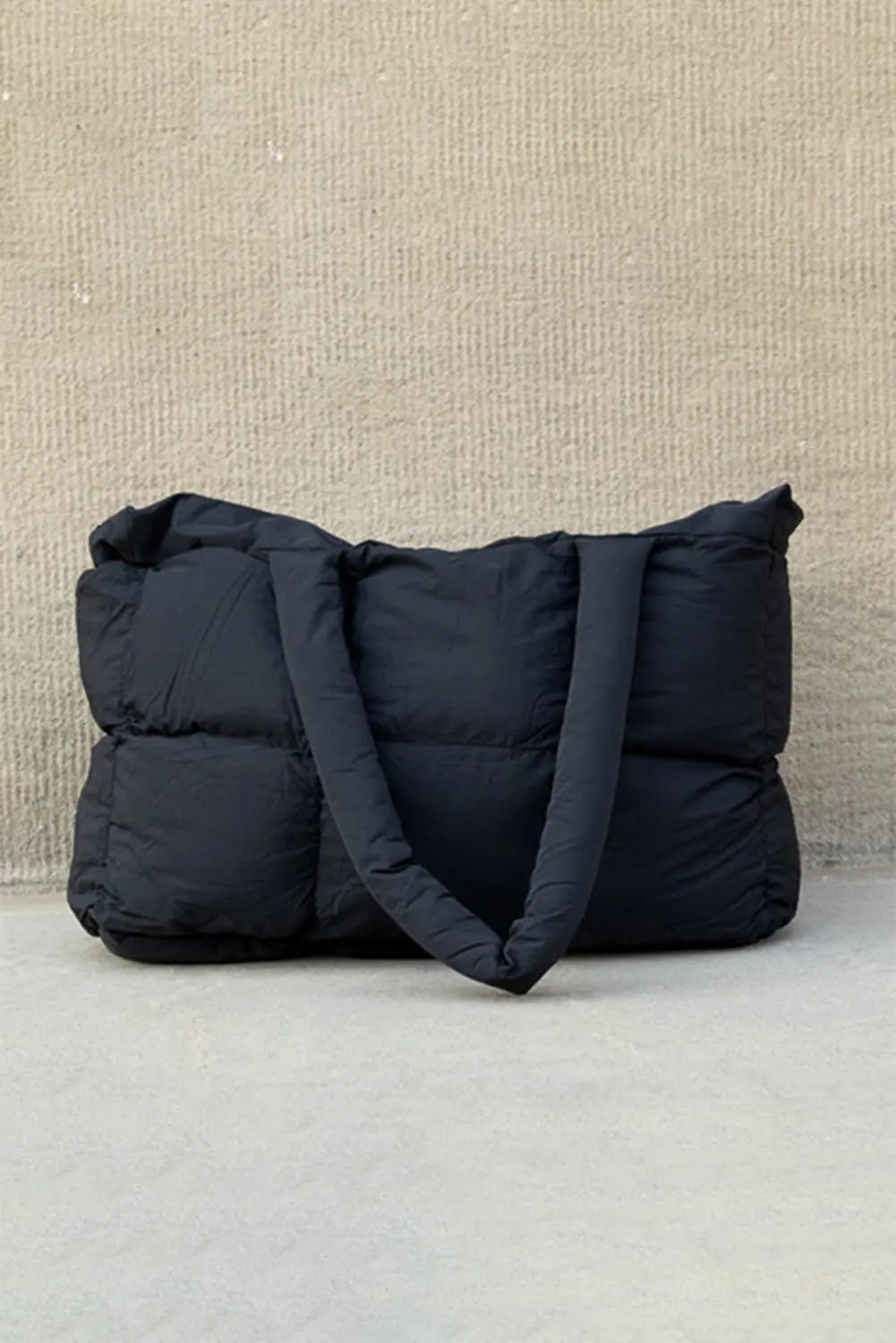 Black Solid Quilted Puffy Zipped Large Tote Bag - eAura