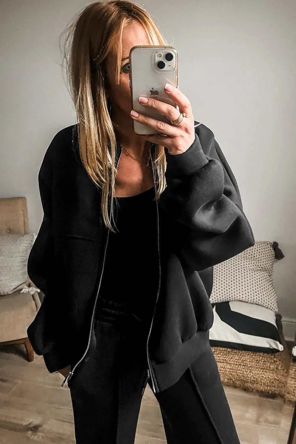 Black Solid Seamed Zipper Jacket and Drawstring Waist Trousers Set eAura