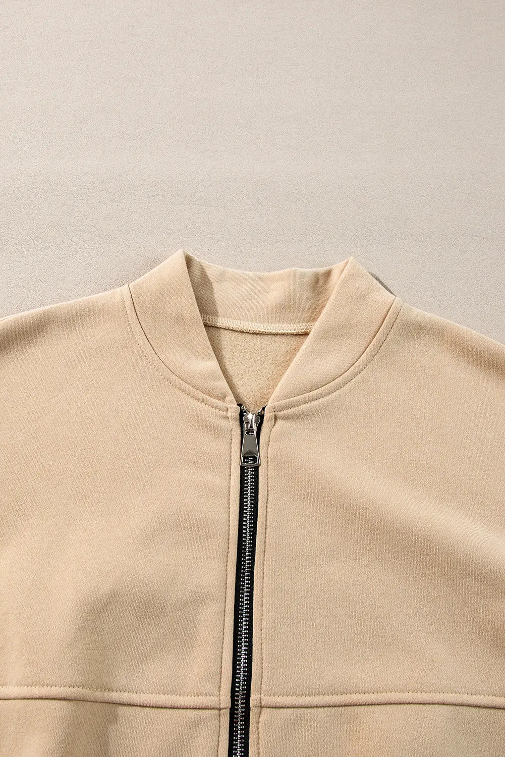 Black Solid Seamed Zipper Jacket and Drawstring Waist Trousers Set eAura