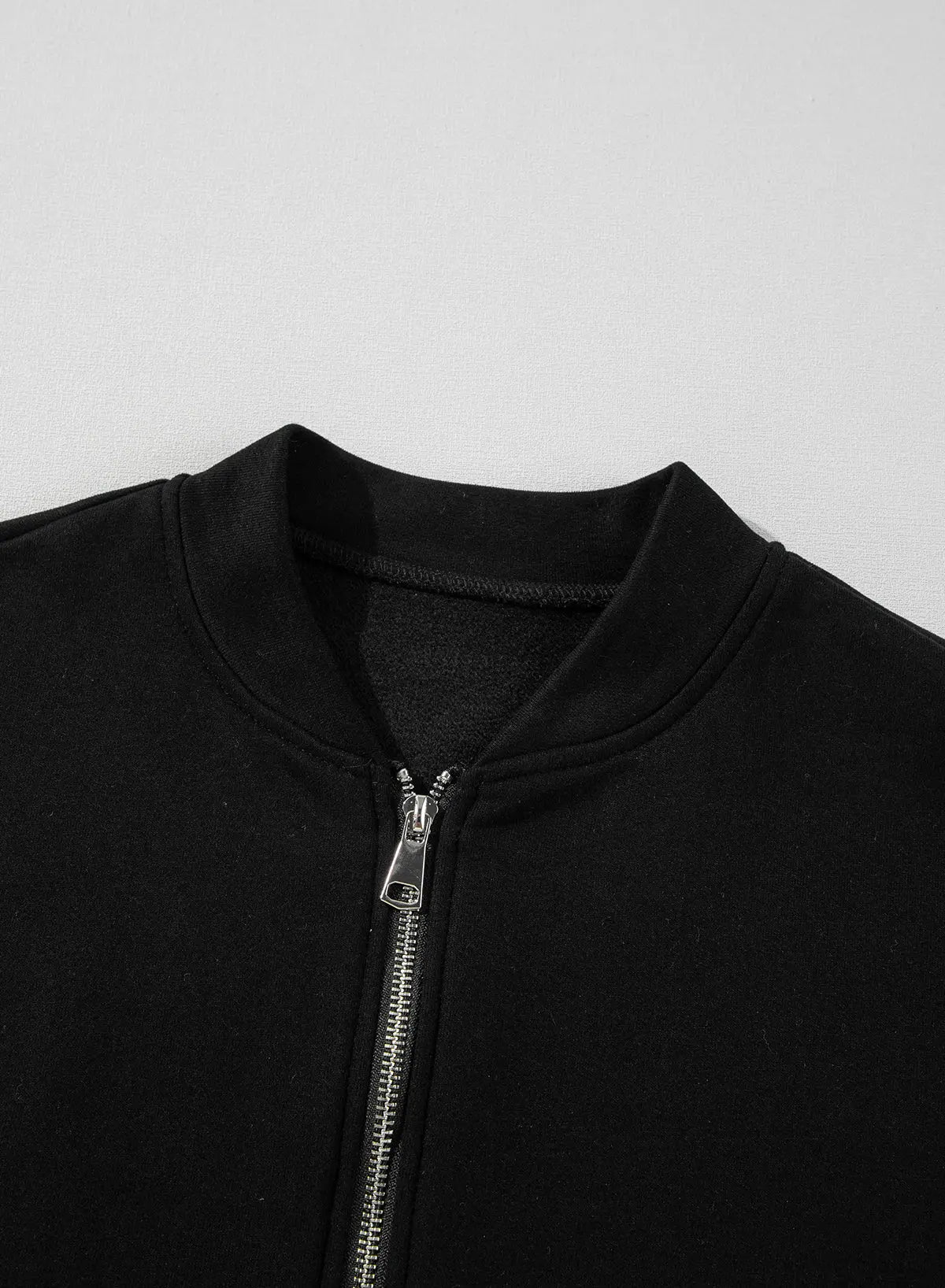 Black Solid Seamed Zipper Jacket and Drawstring Waist Trousers Set eAura