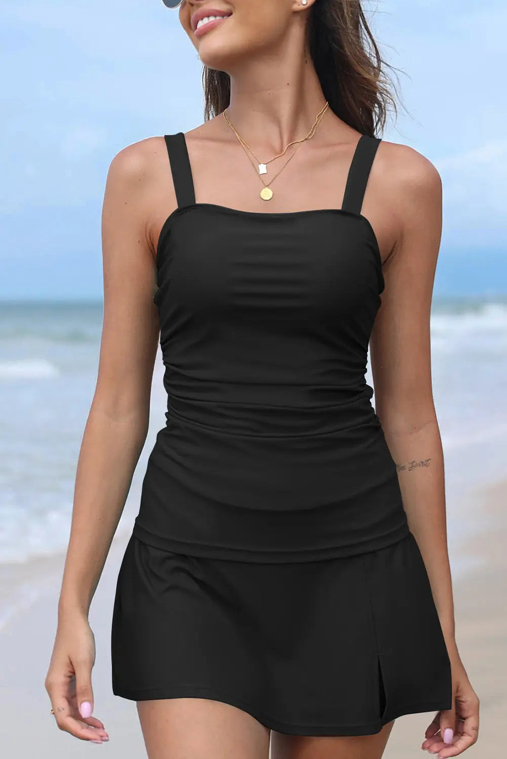 Black Solid Square Neck Sleeveless Tankini Swimsuit - eAura