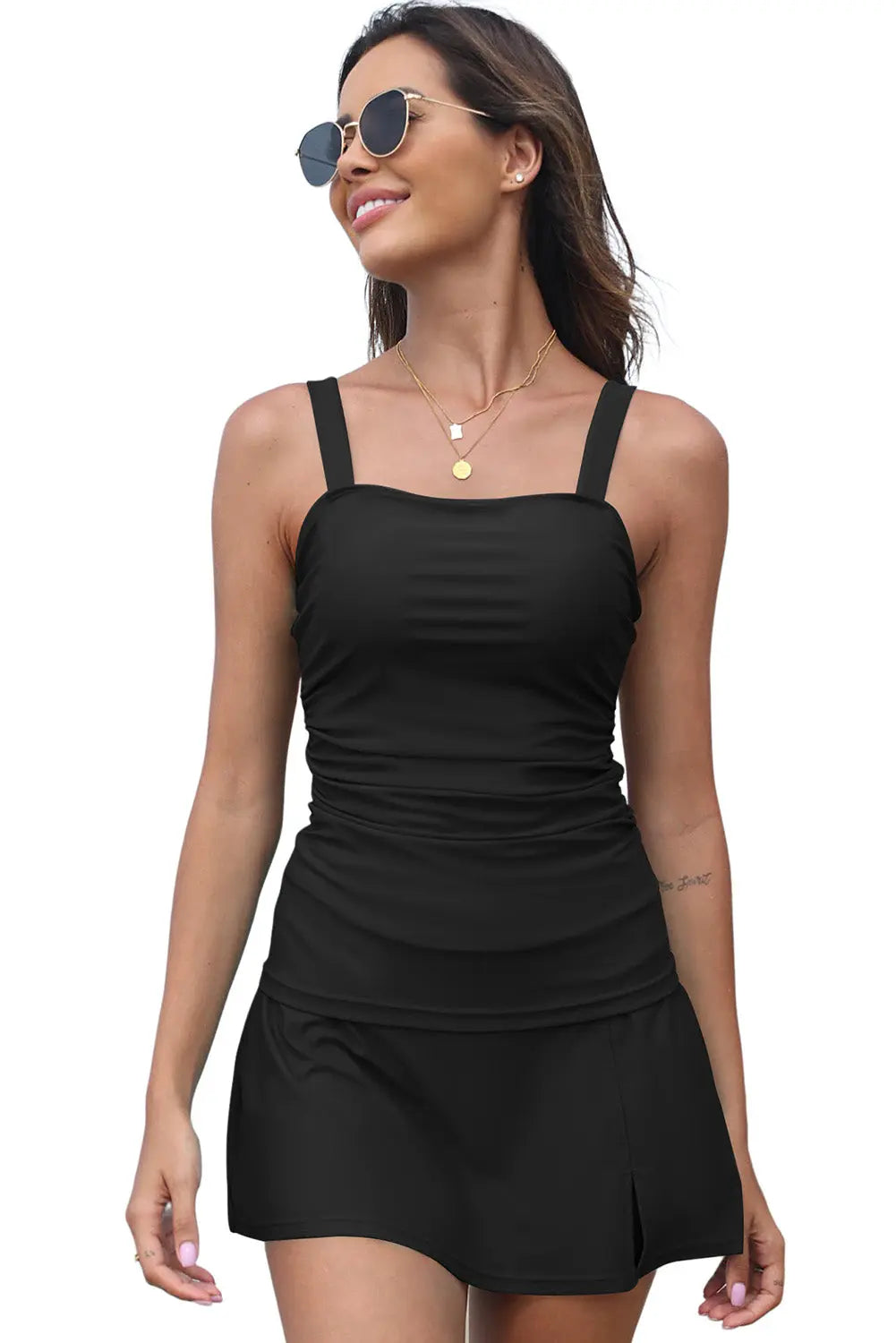 Black Solid Square Neck Sleeveless Tankini Swimsuit - eAura