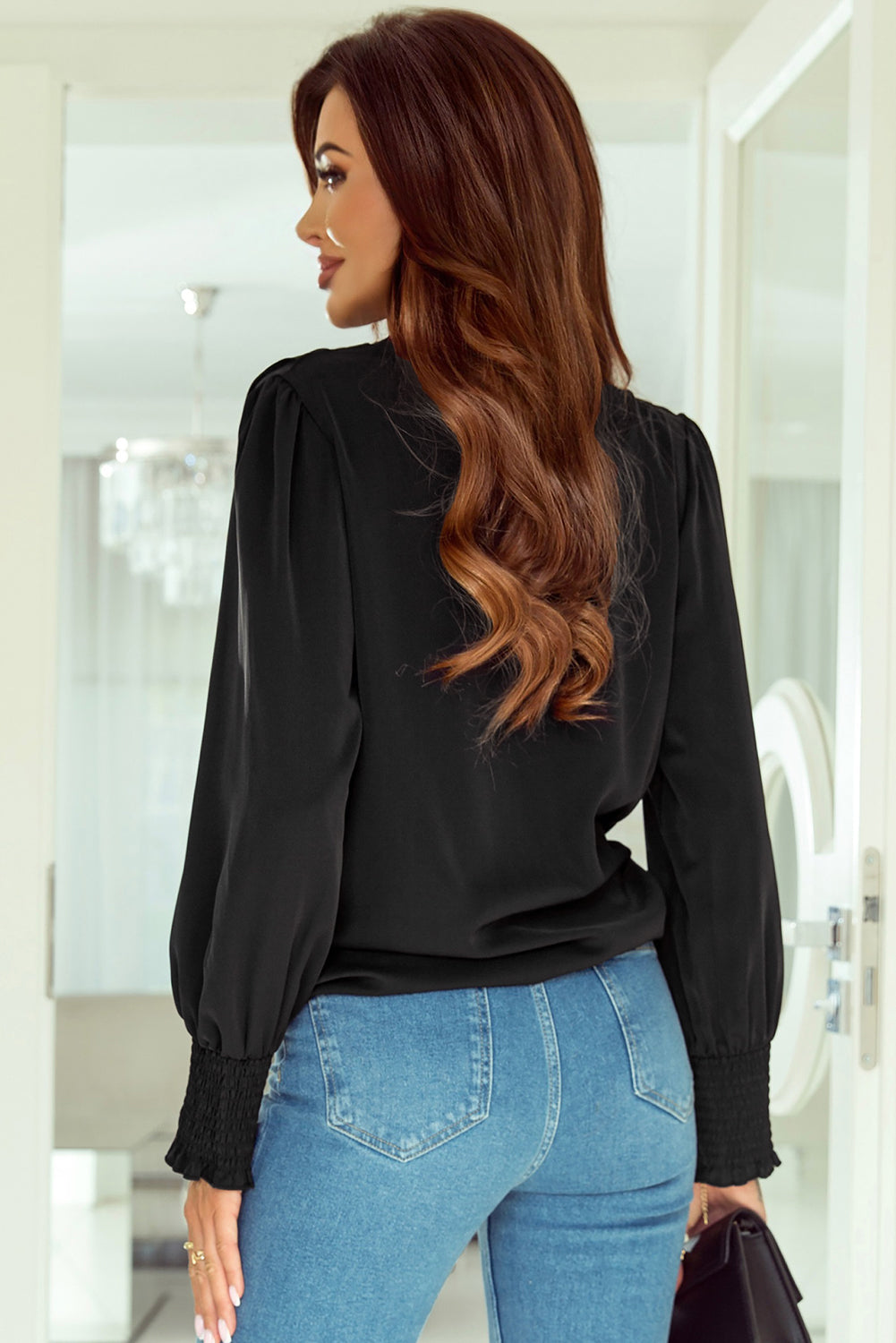Black Solid Surplice Neck Shirred Cuffs Draped Blouse - eAura