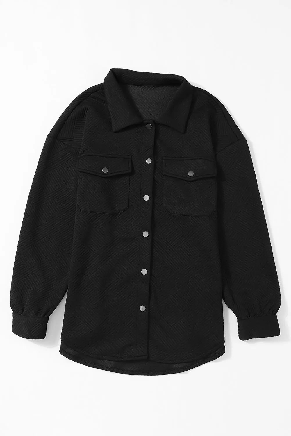 Black Solid Textured Flap Pocket Buttoned Shacket - eAura