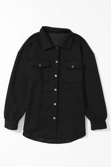 Black Solid Textured Flap Pocket Buttoned Shacket - Outerwear/Jackets