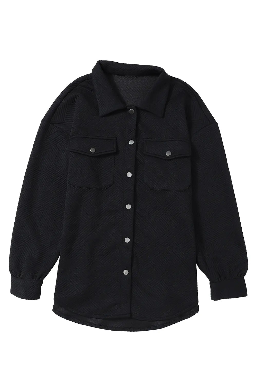 Black Solid Textured Flap Pocket Buttoned Shacket - eAura
