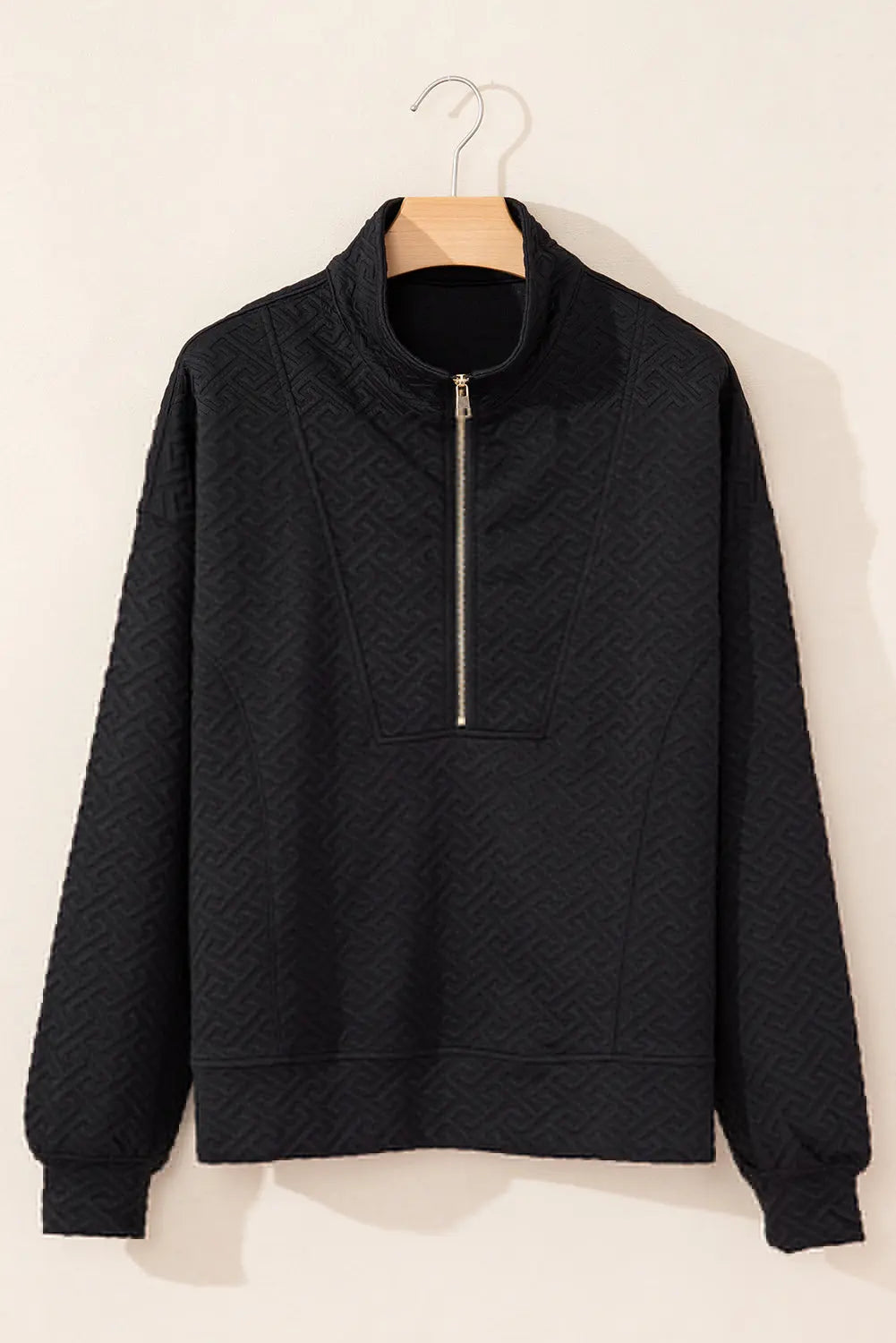 Black Solid Textured Half Zipper Collared Sweatshirt Beagle Boutique Fashion Outlet