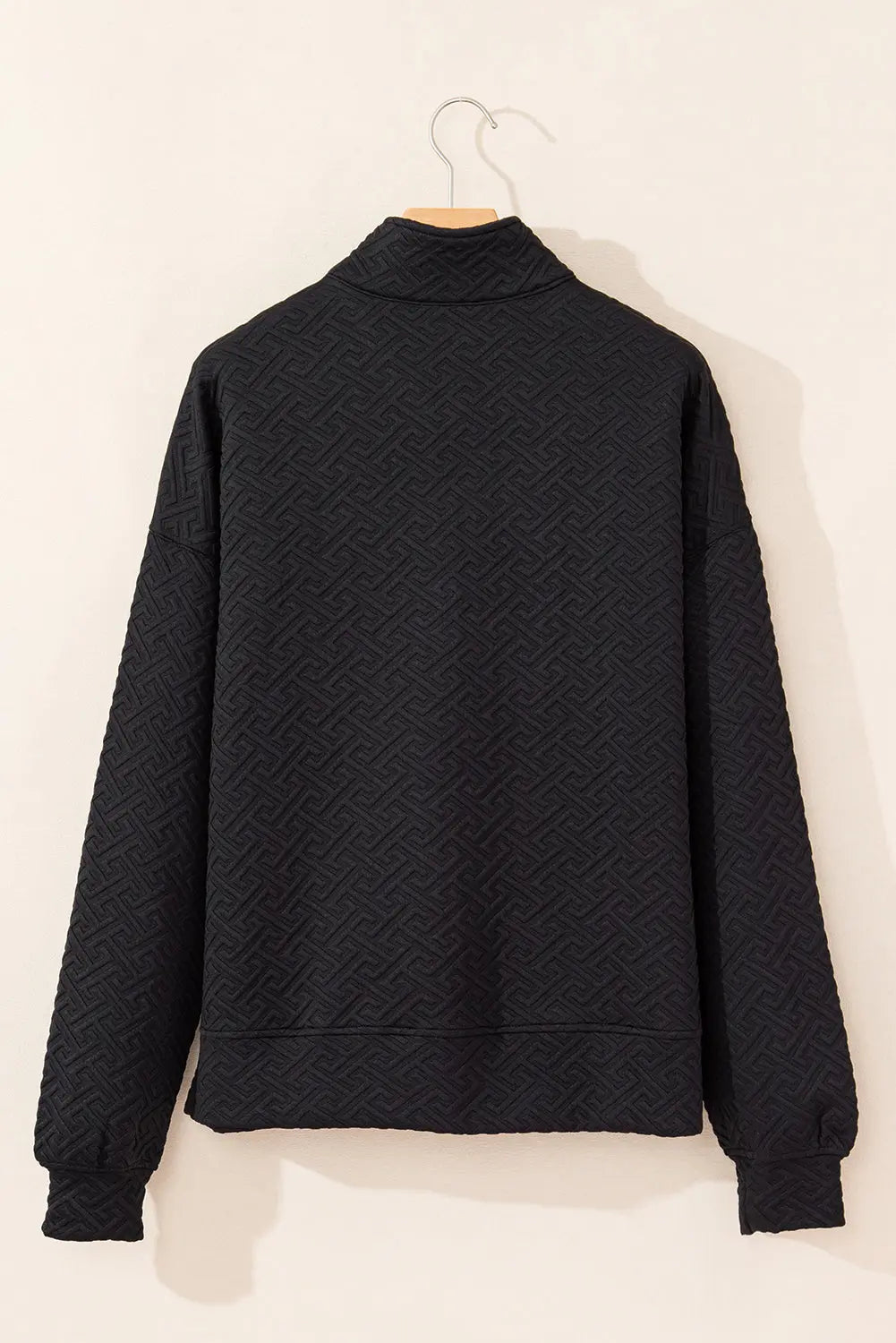 Black Solid Textured Half Zipper Collared Sweatshirt Beagle Boutique Fashion Outlet