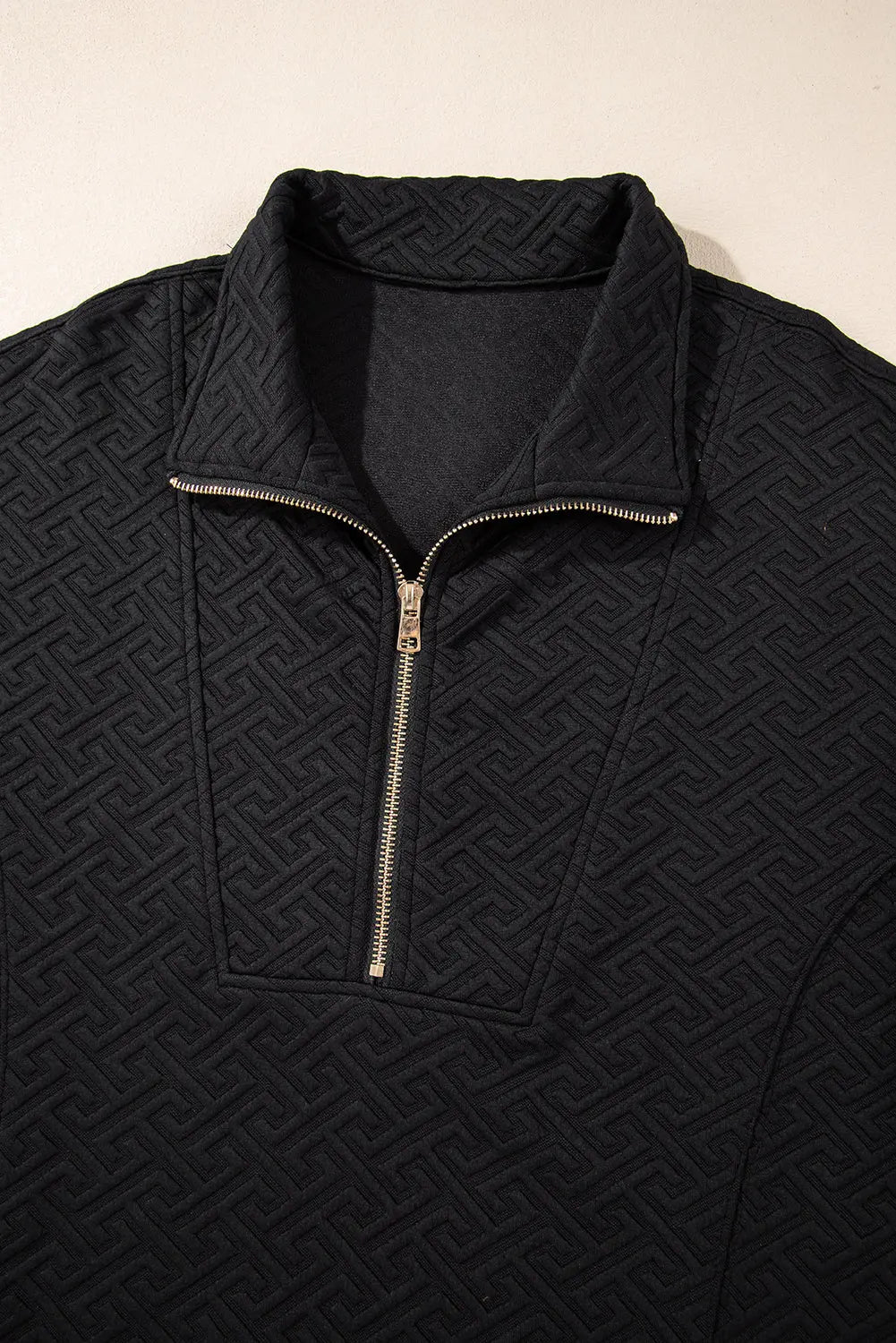 Black Solid Textured Half Zipper Collared Sweatshirt Beagle Boutique Fashion Outlet