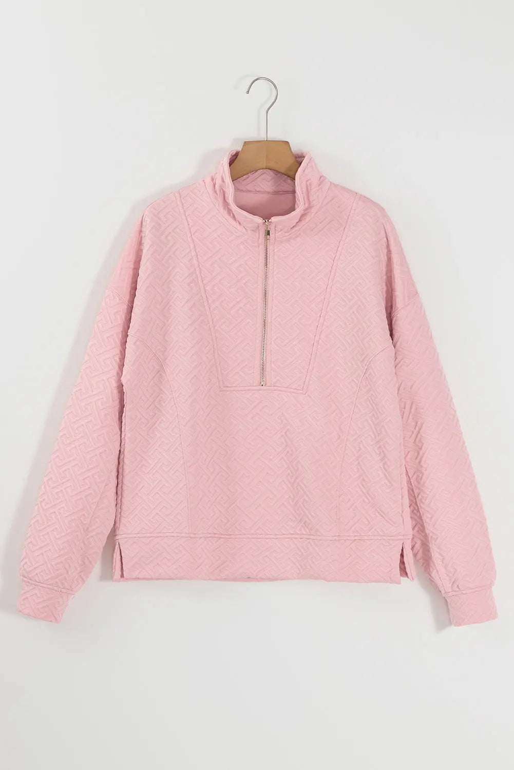 Black Solid Textured Half Zipper Collared Sweatshirt Beagle Boutique Fashion Outlet