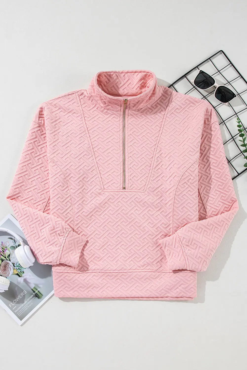 Black Solid Textured Half Zipper Collared Sweatshirt Beagle Boutique Fashion Outlet