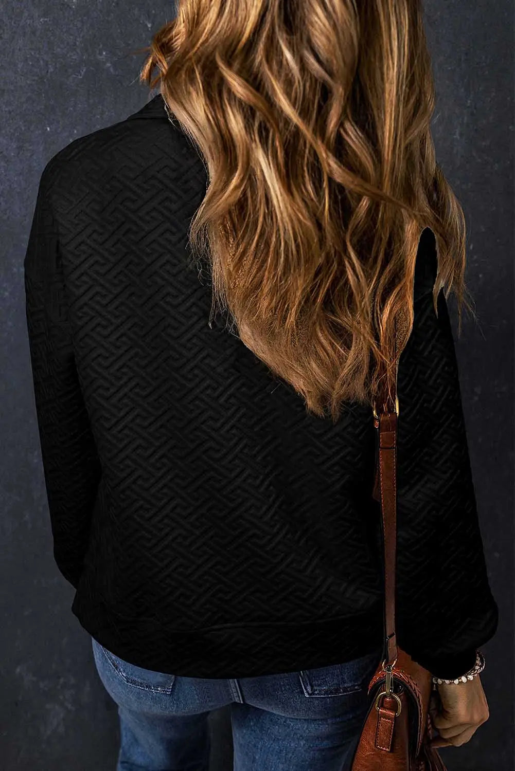 Black Solid Textured Half Zipper Collared Sweatshirt Beagle Boutique Fashion Outlet