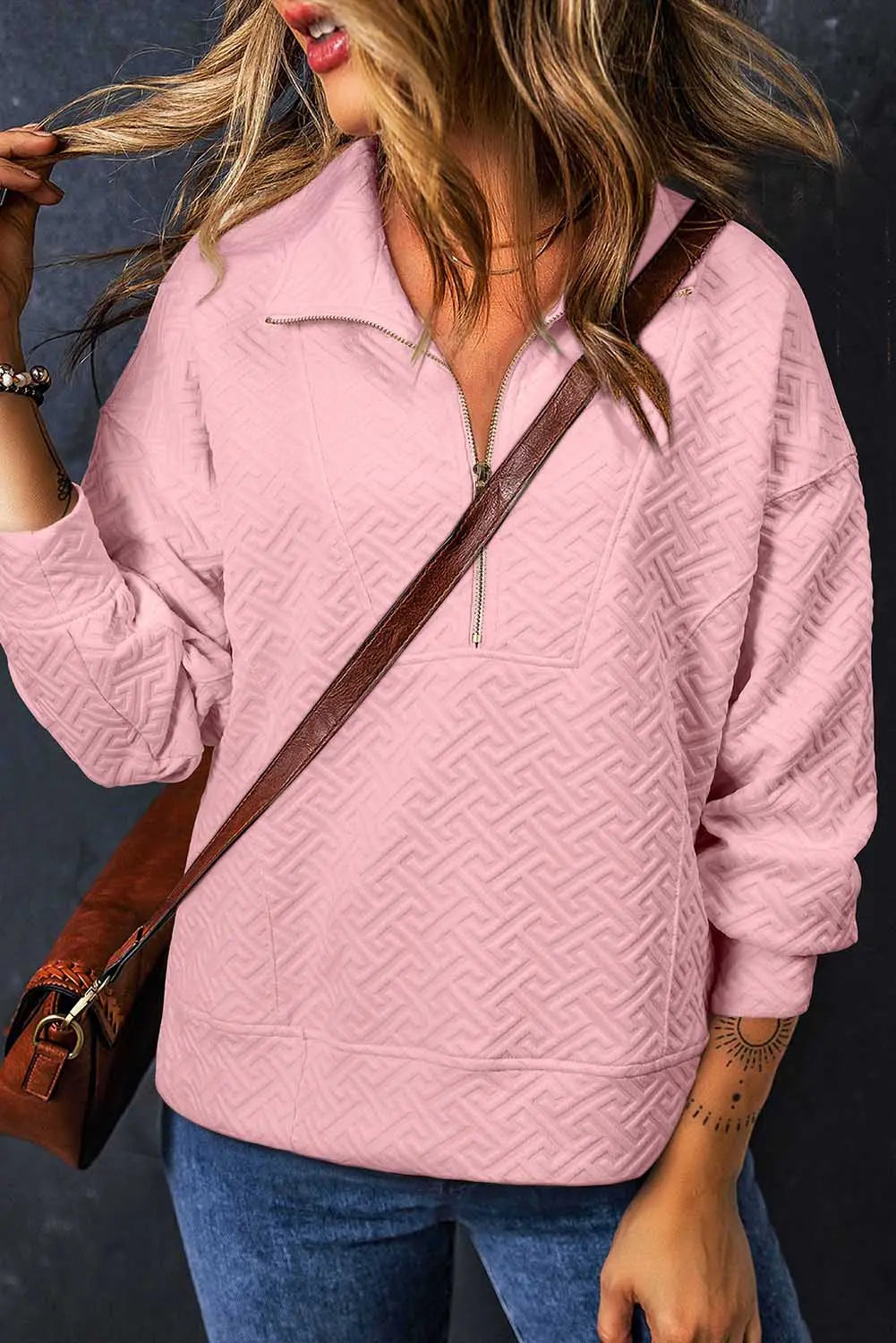 Black Solid Textured Half Zipper Collared Sweatshirt Beagle Boutique Fashion Outlet