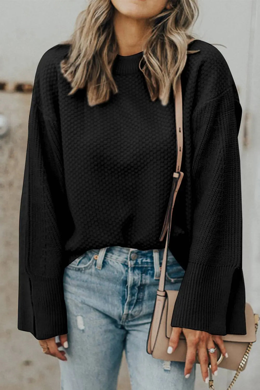 Black Solid Textured Knit Split Cuff Drop Shoulder Loose Sweater - BB Fashion Outlet
