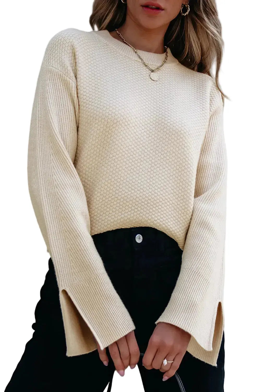 Solid Textured Knit Split Cuff Drop Shoulder Loose Sweater