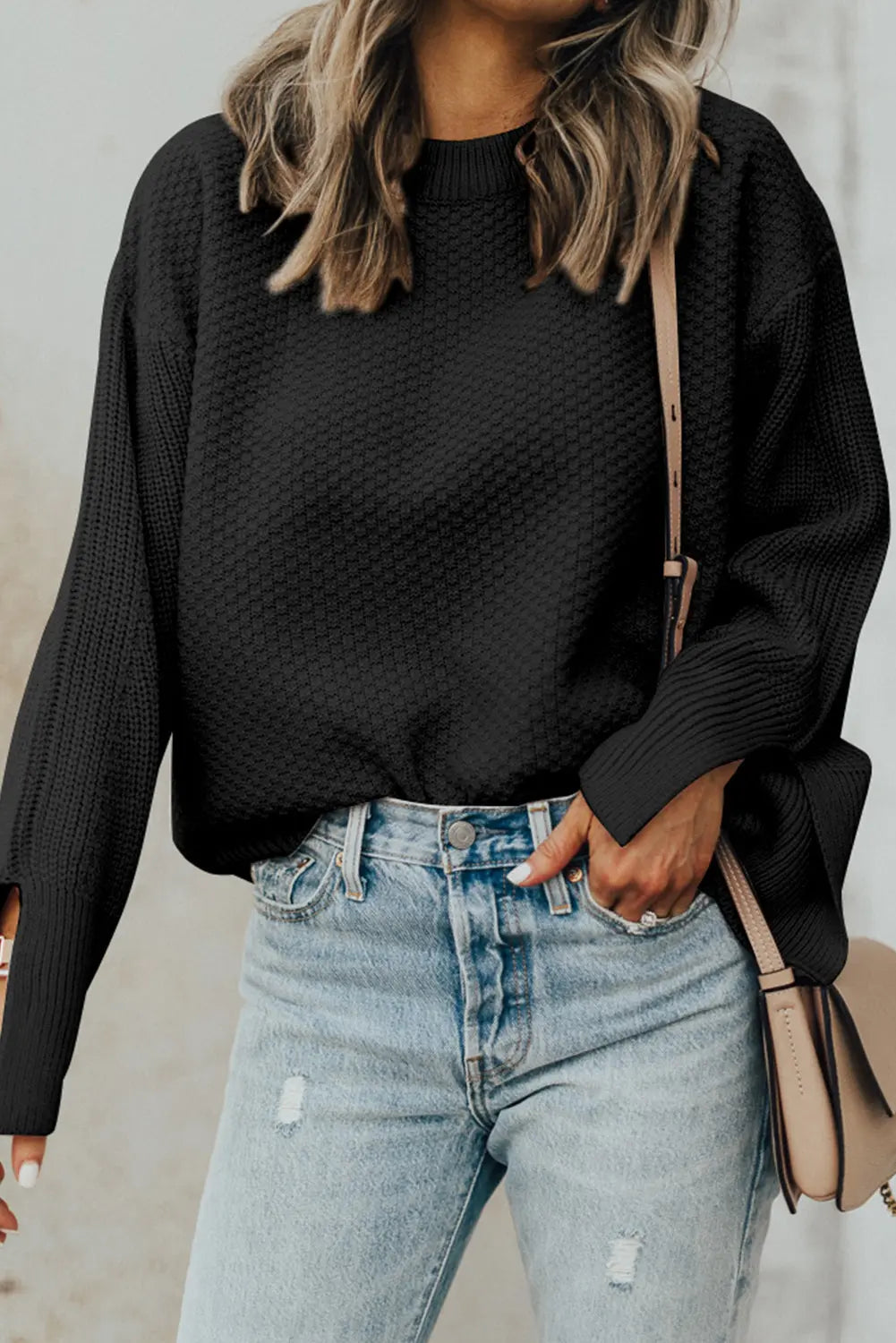 Black Solid Textured Knit Split Cuff Drop Shoulder Loose Sweater - eAura