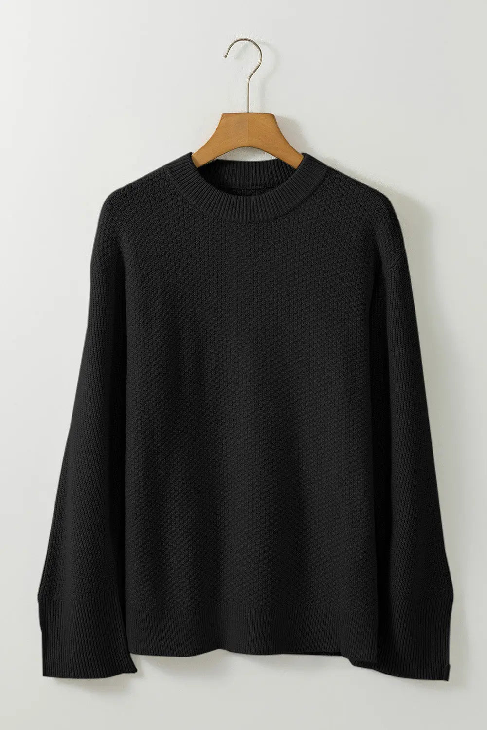 Black Solid Textured Knit Split Cuff Drop Shoulder Loose Sweater - eAura