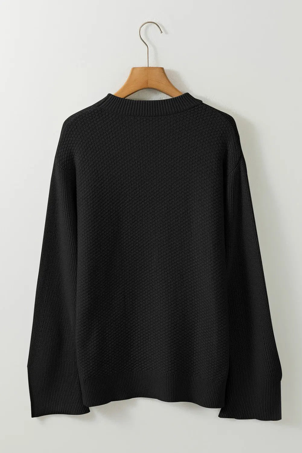 Black Solid Textured Knit Split Cuff Drop Shoulder Loose Sweater - eAura