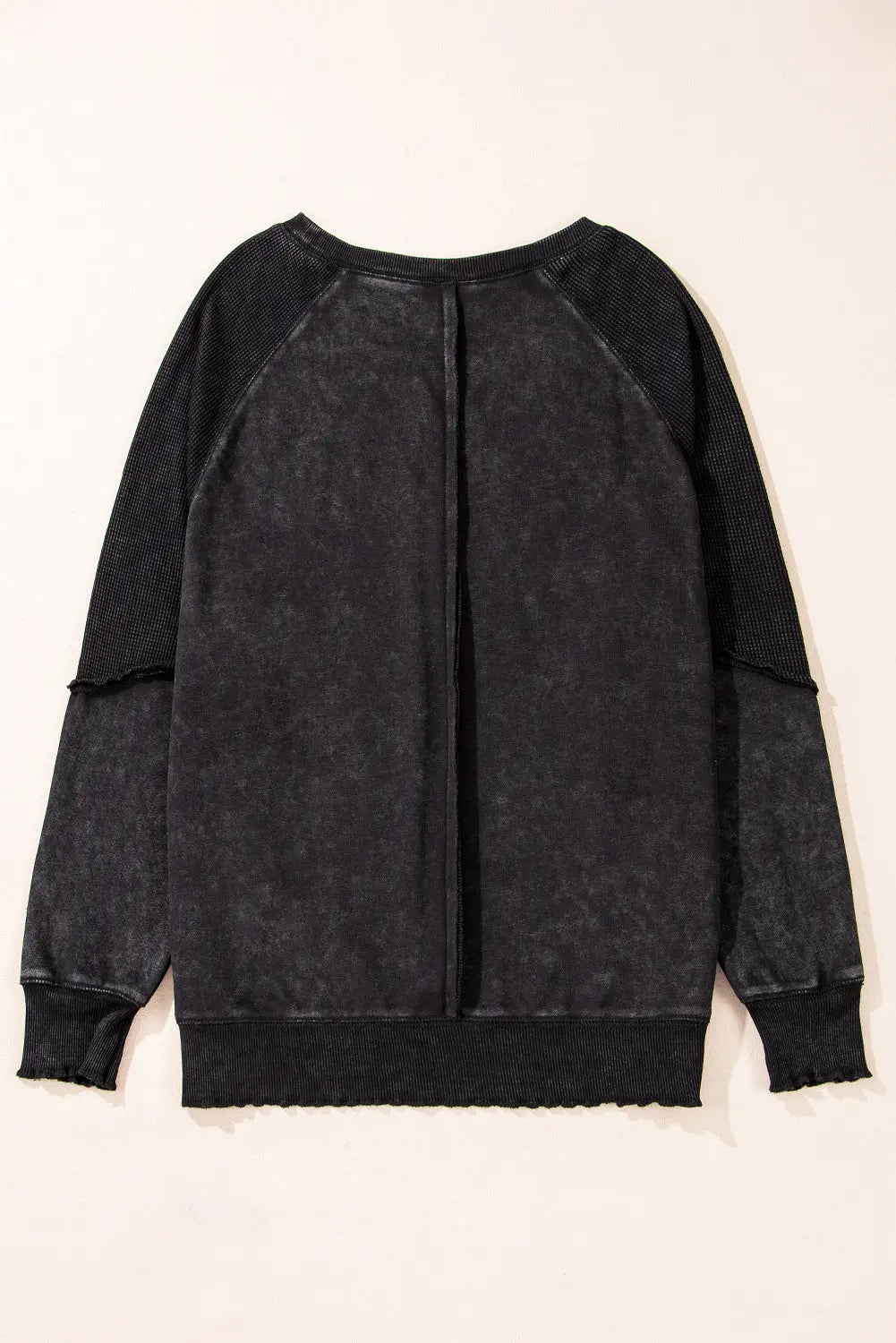 Black Solid Waffle Knit Patchwork Raglan Sleeve Sweatshirt Beagle Boutique Fashion Outlet