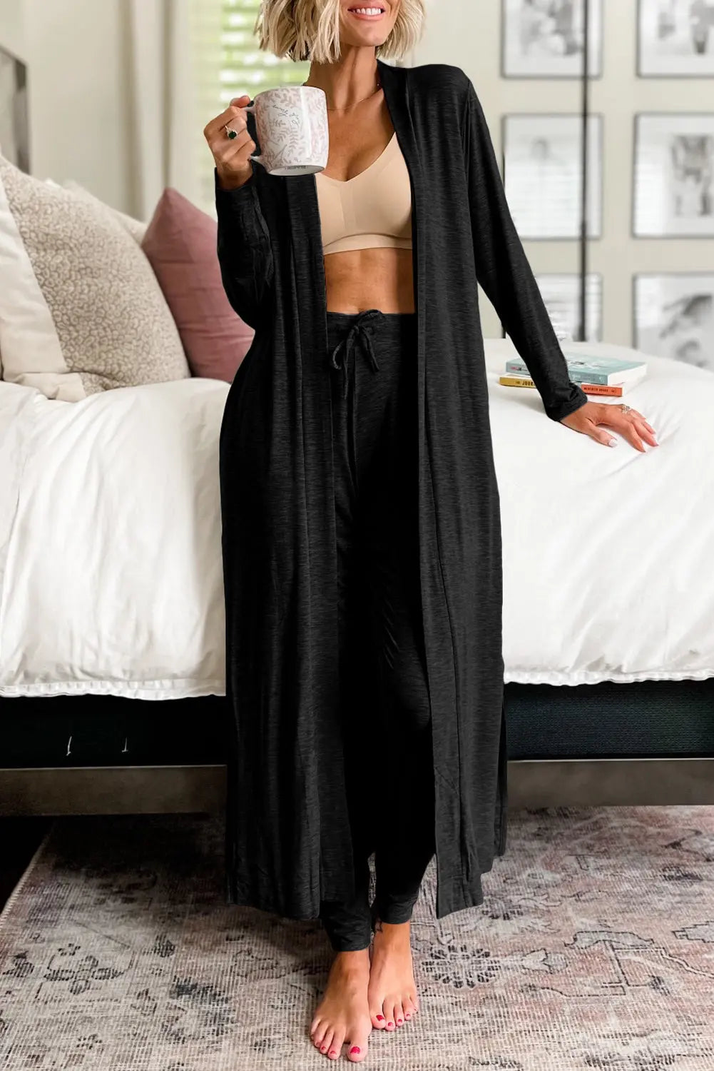 Black Split Long Cardigan and Skinny Trousers Pyjama Set Beagle Boutique Fashion Outlet