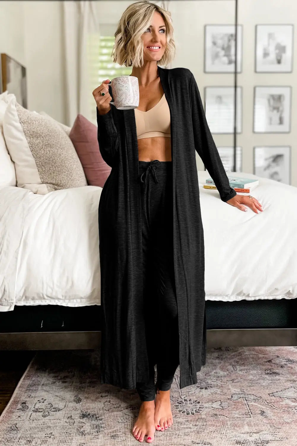 Black Split Long Cardigan and Skinny Trousers Pyjama Set Beagle Boutique Fashion Outlet