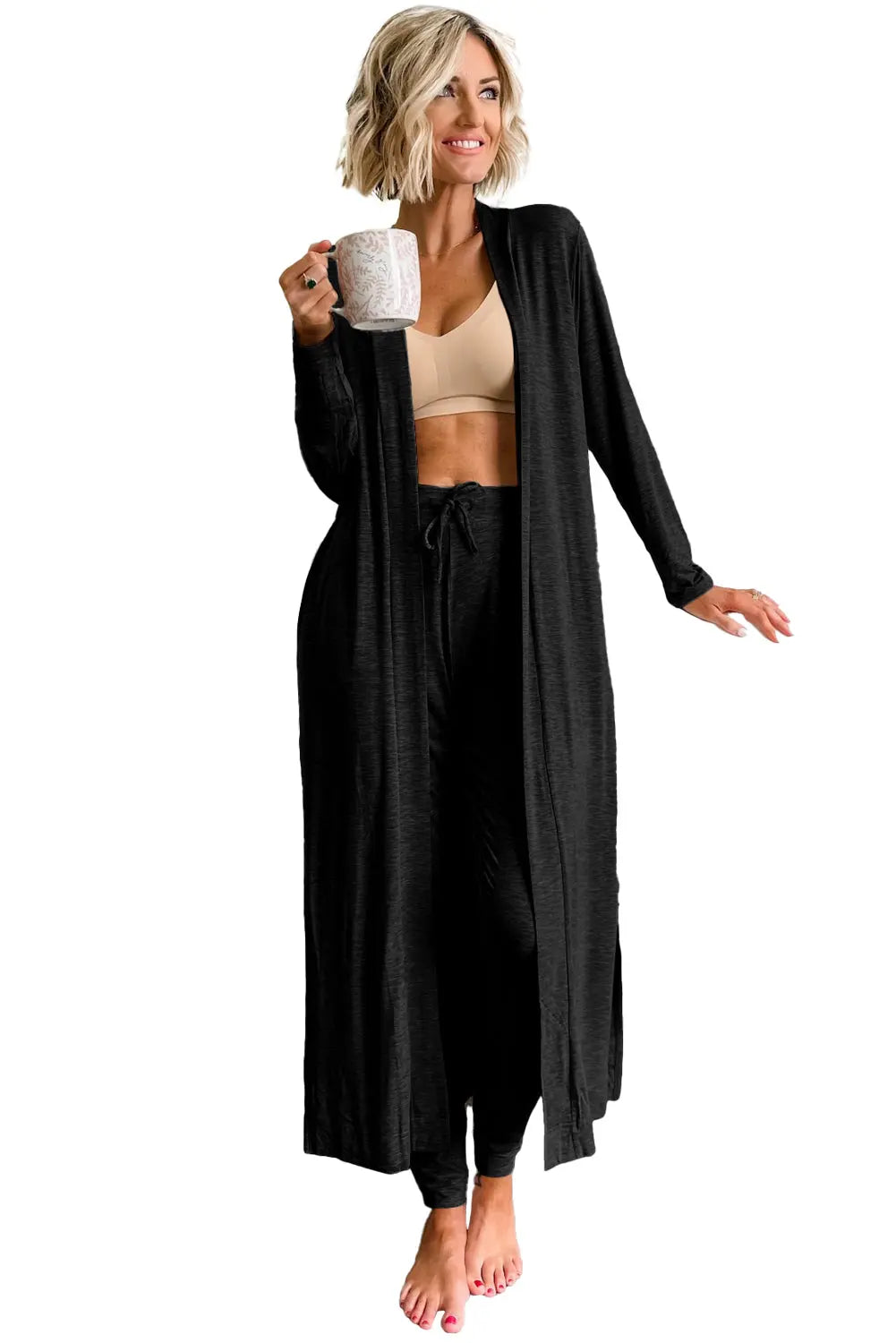 Black Split Long Cardigan and Skinny Trousers Pyjama Set Beagle Boutique Fashion Outlet