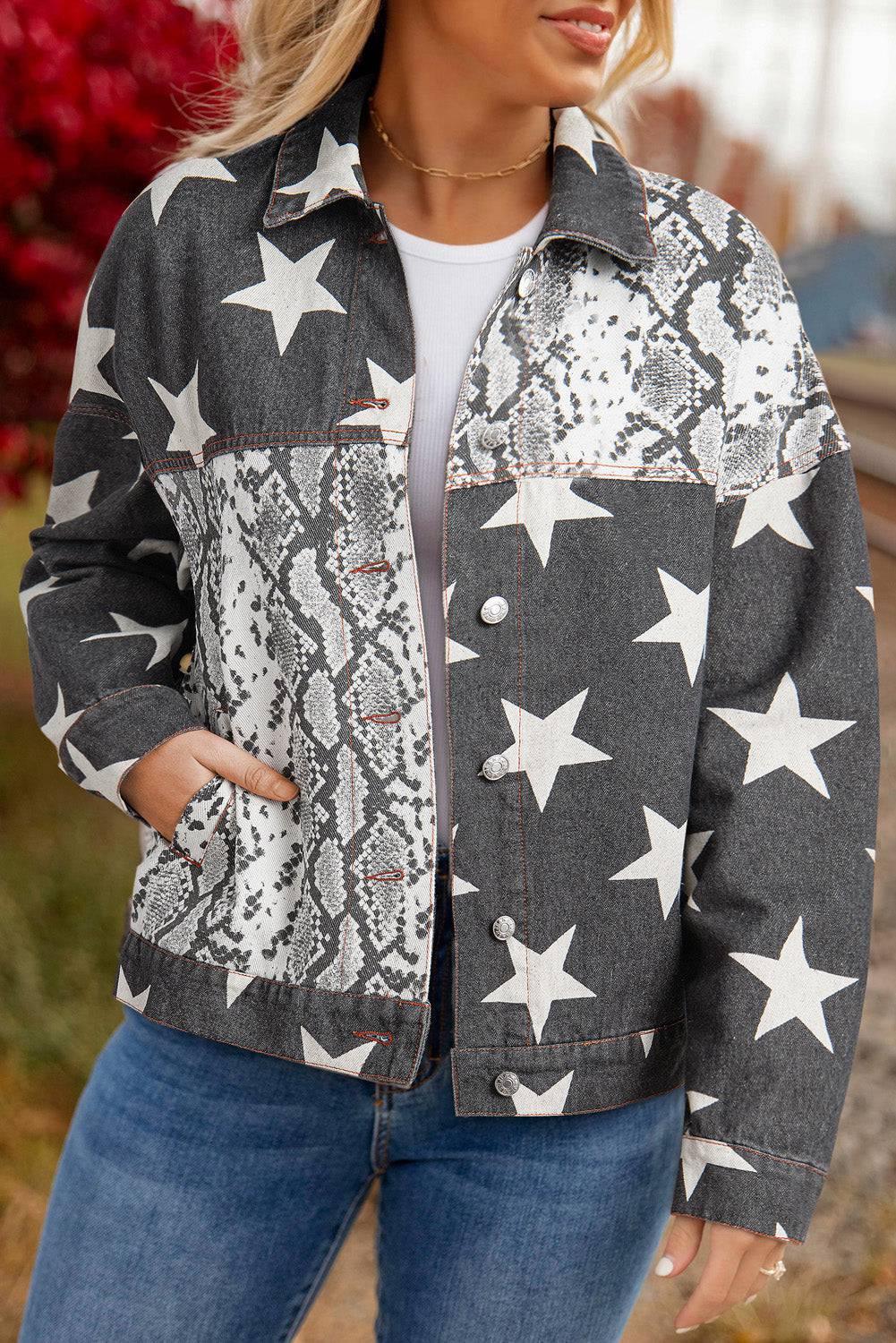 Black Star Snakeskin Printed Patchwork Denim Jacket - BB Fashion Outlet