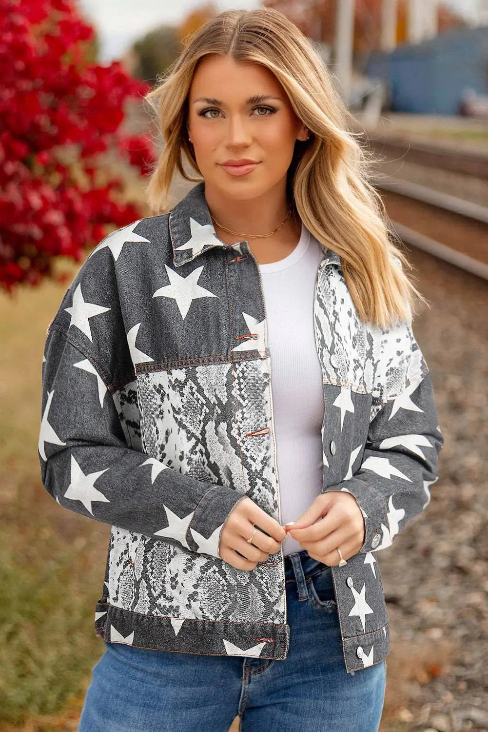Black Star Snakeskin Printed Patchwork Denim Jacket - BB Fashion Outlet