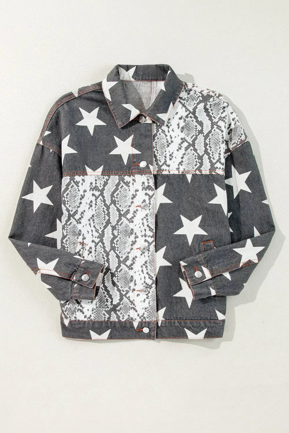 Black Star Snakeskin Printed Patchwork Denim Jacket - BB Fashion Outlet