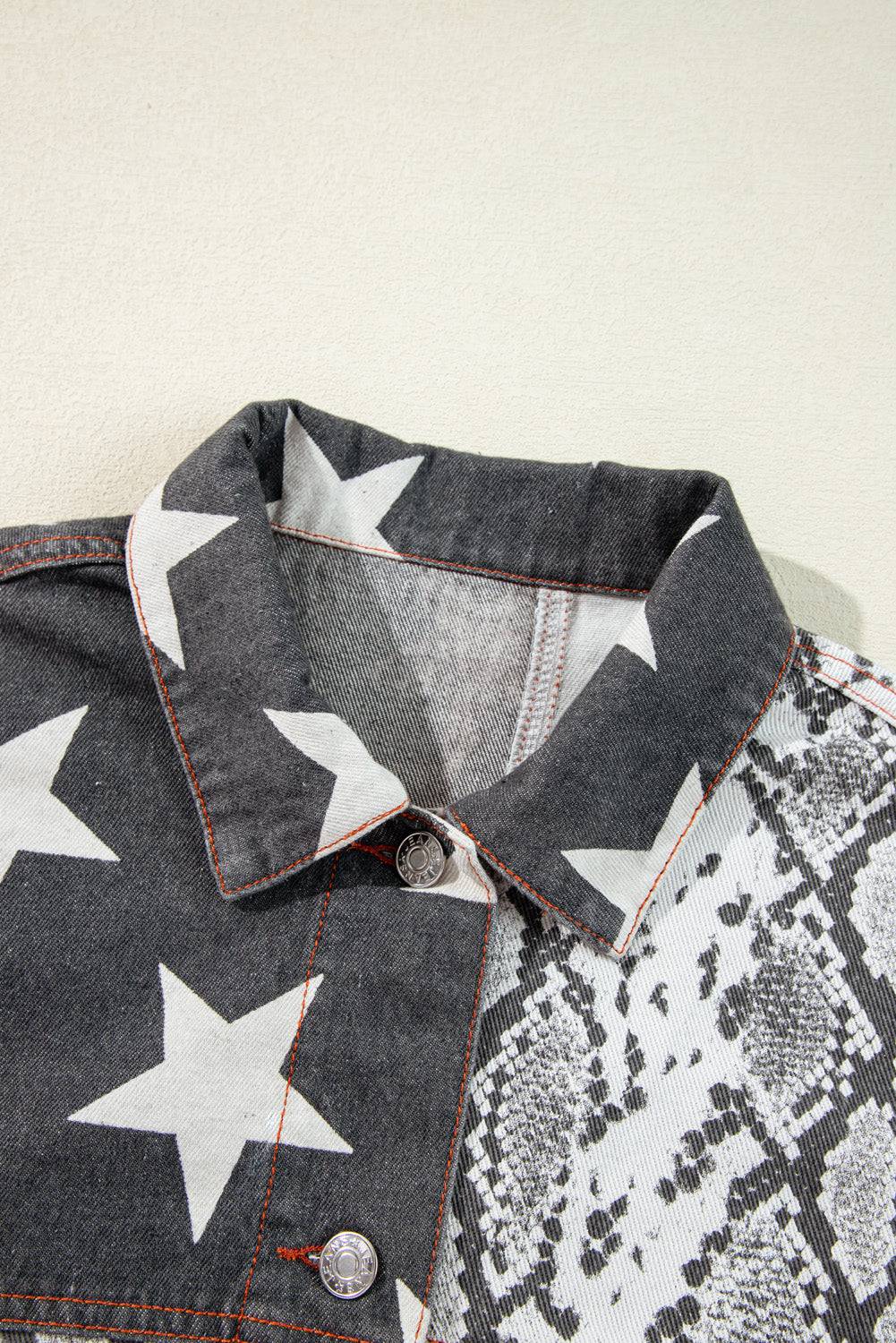 Black Star Snakeskin Printed Patchwork Denim Jacket - BB Fashion Outlet