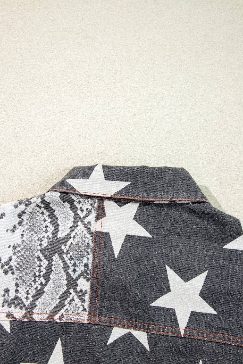 Black Star Snakeskin Printed Patchwork Denim Jacket - BB Fashion Outlet