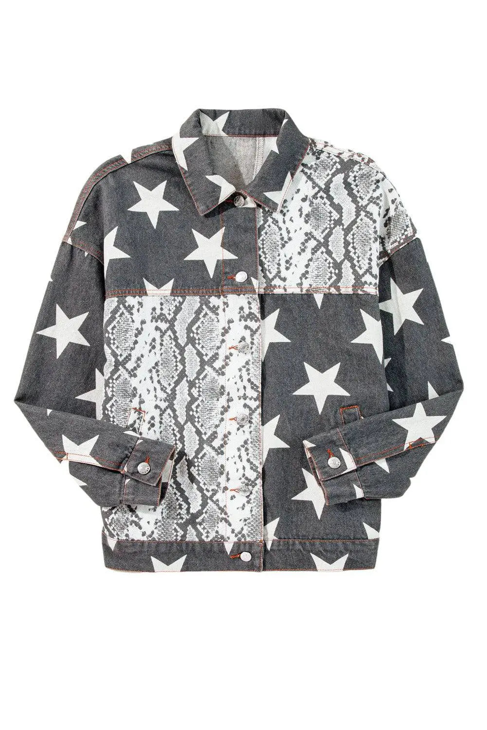 Black Star Snakeskin Printed Patchwork Denim Jacket - BB Fashion Outlet