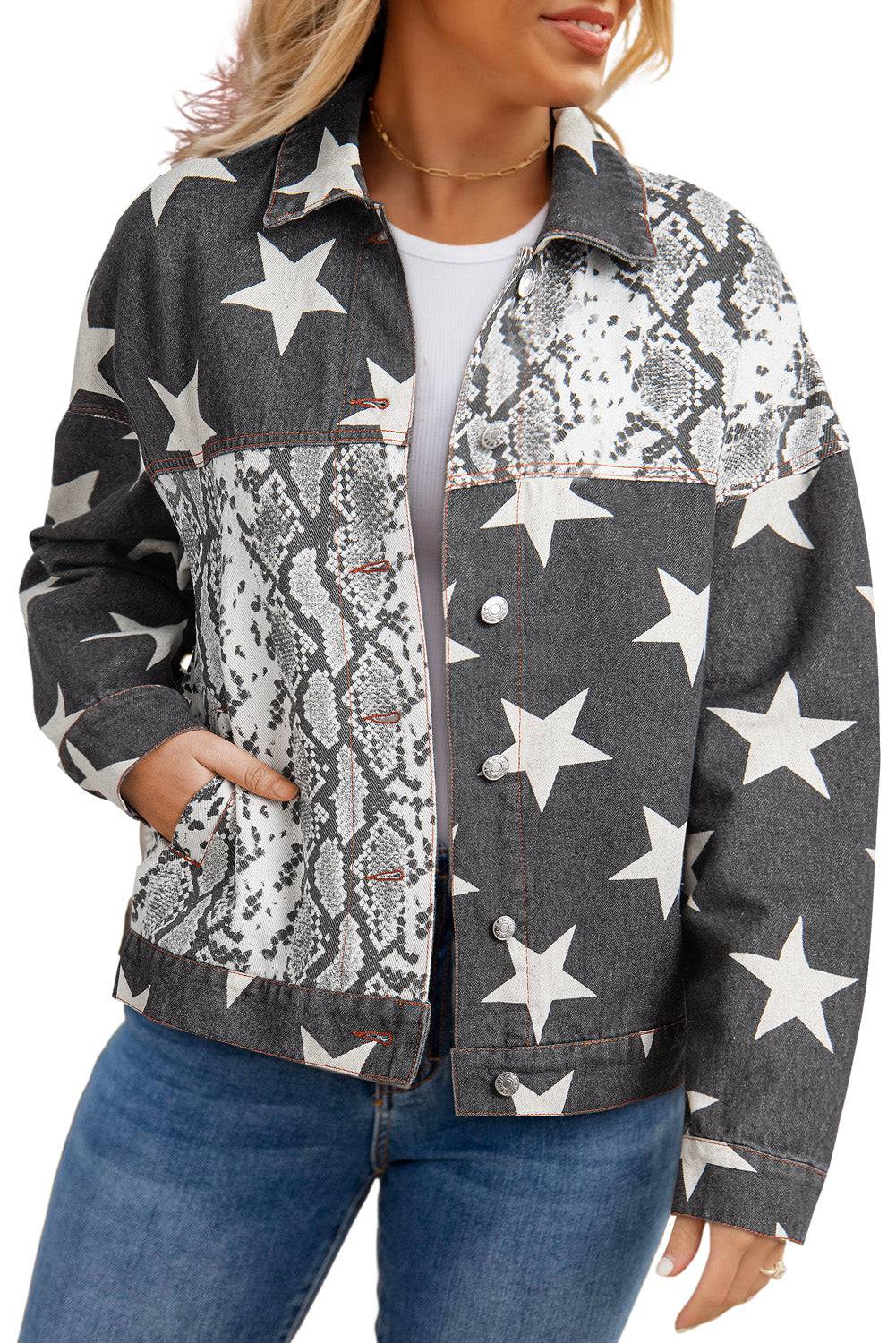 Black Star Snakeskin Printed Patchwork Denim Jacket - BB Fashion Outlet