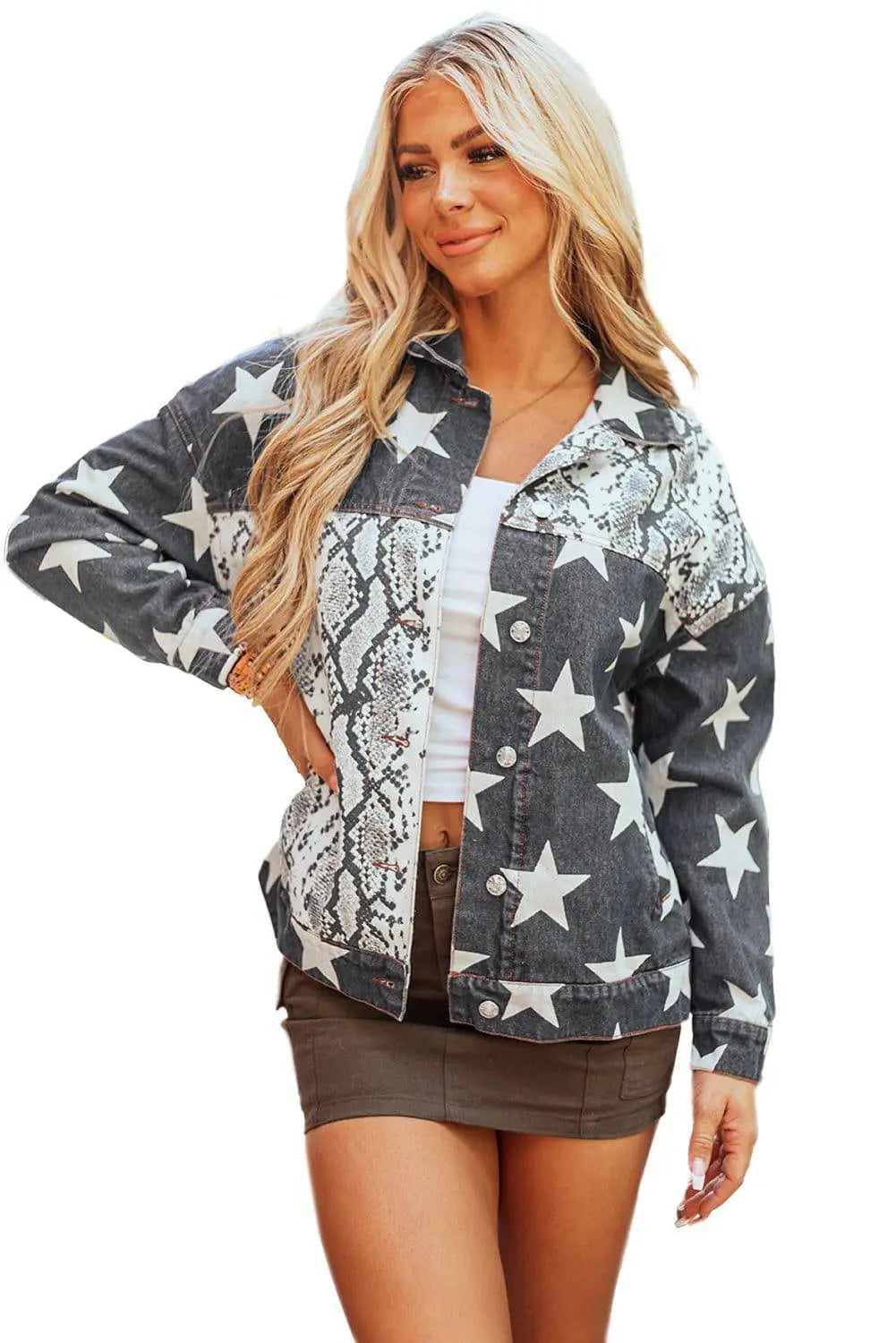 Black Star Snakeskin Printed Patchwork Denim Jacket - BB Fashion Outlet