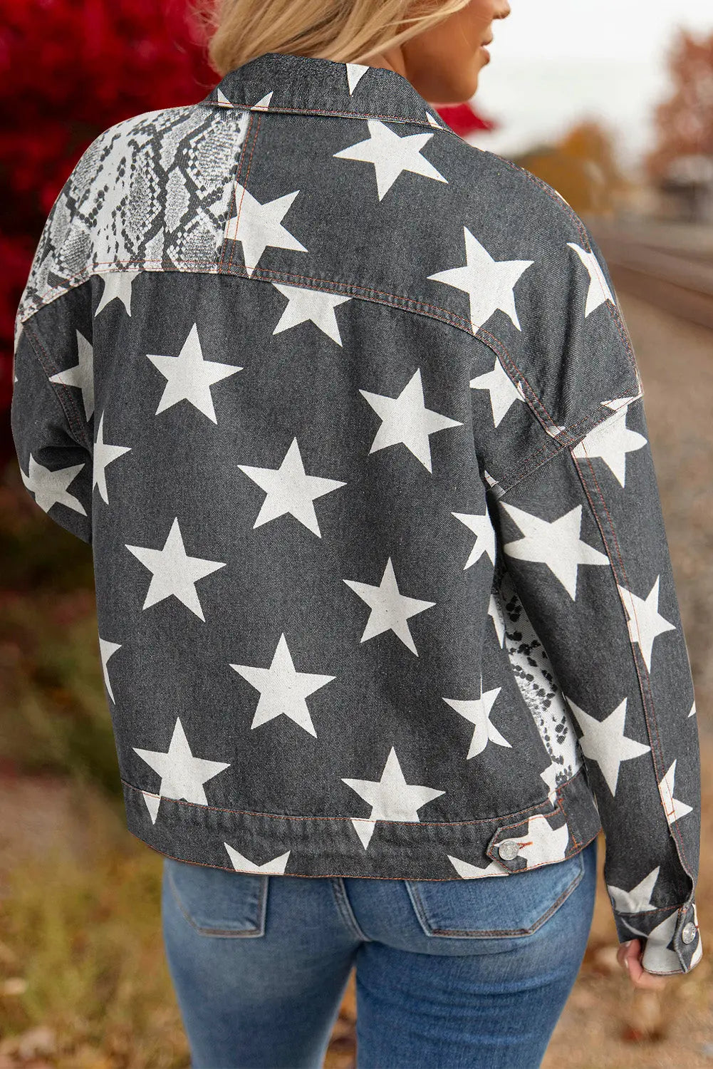 Black Star Snakeskin Printed Patchwork Denim Jacket - eAura