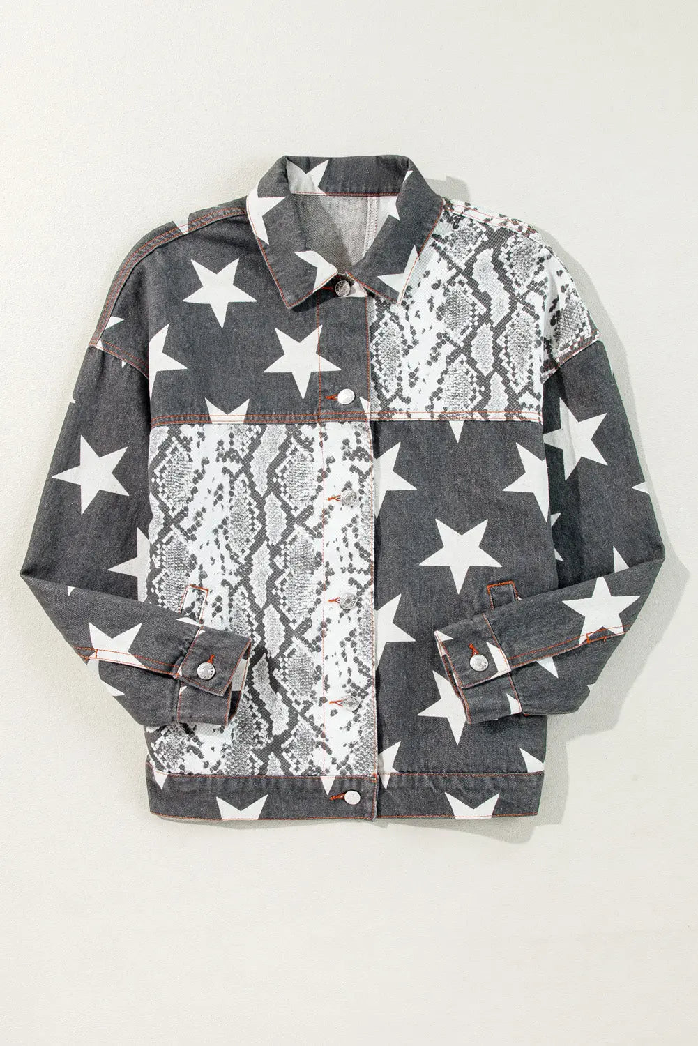 Black Star Snakeskin Printed Patchwork Denim Jacket - eAura