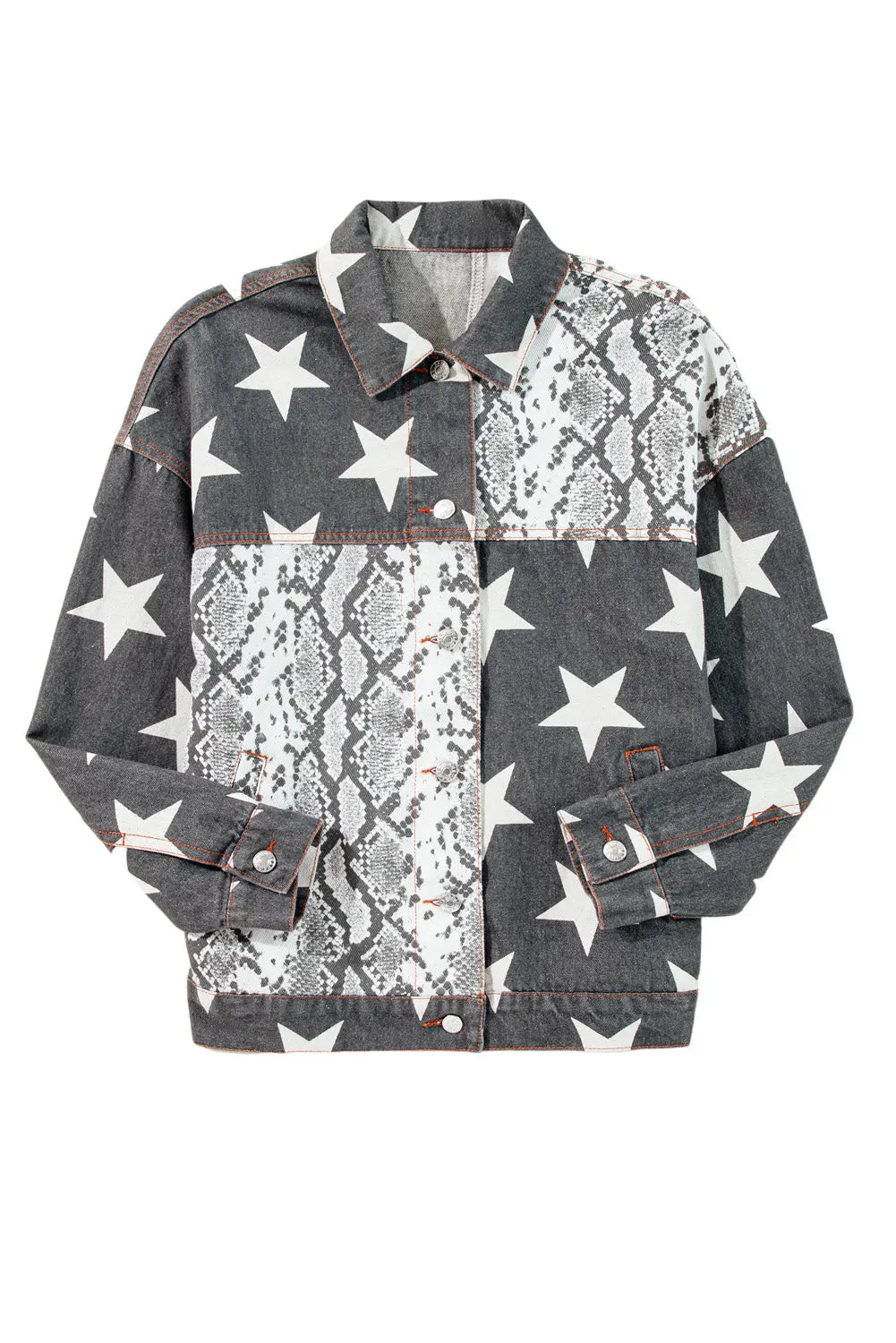 Black Star Snakeskin Printed Patchwork Denim Jacket - eAura