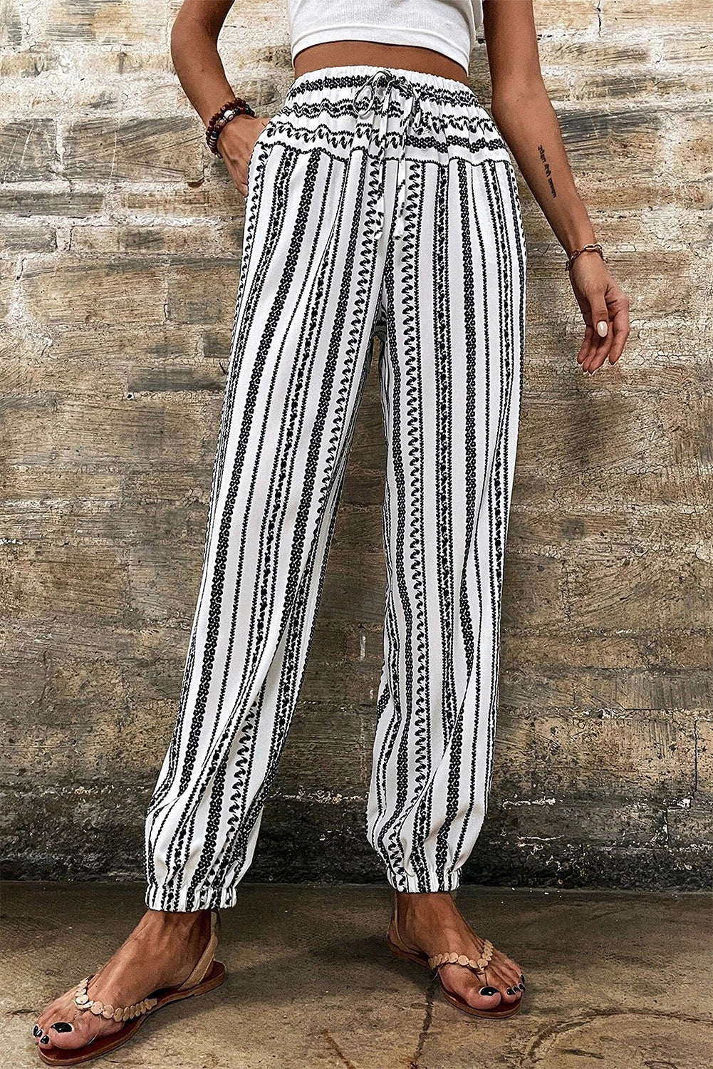 Black Stripe Boho Striped Print Casual Trousers - eAura