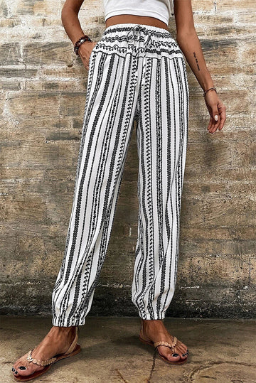 Black Stripe Boho Striped Print Casual Trousers - BLACK STRIPE / S / 100% POLYESTER - Bottoms/Trousers