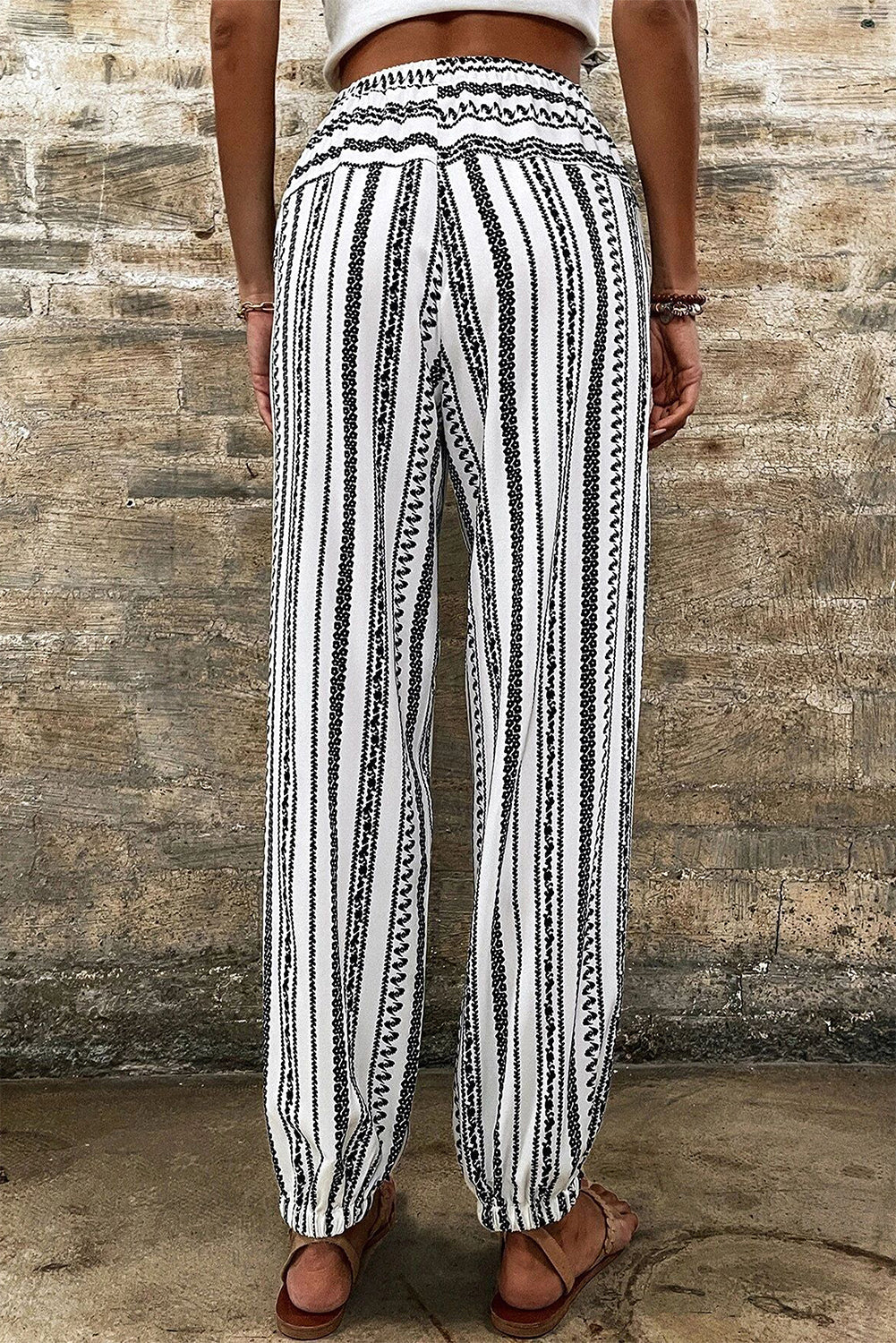 Black Stripe Boho Striped Print Casual Trousers - eAura