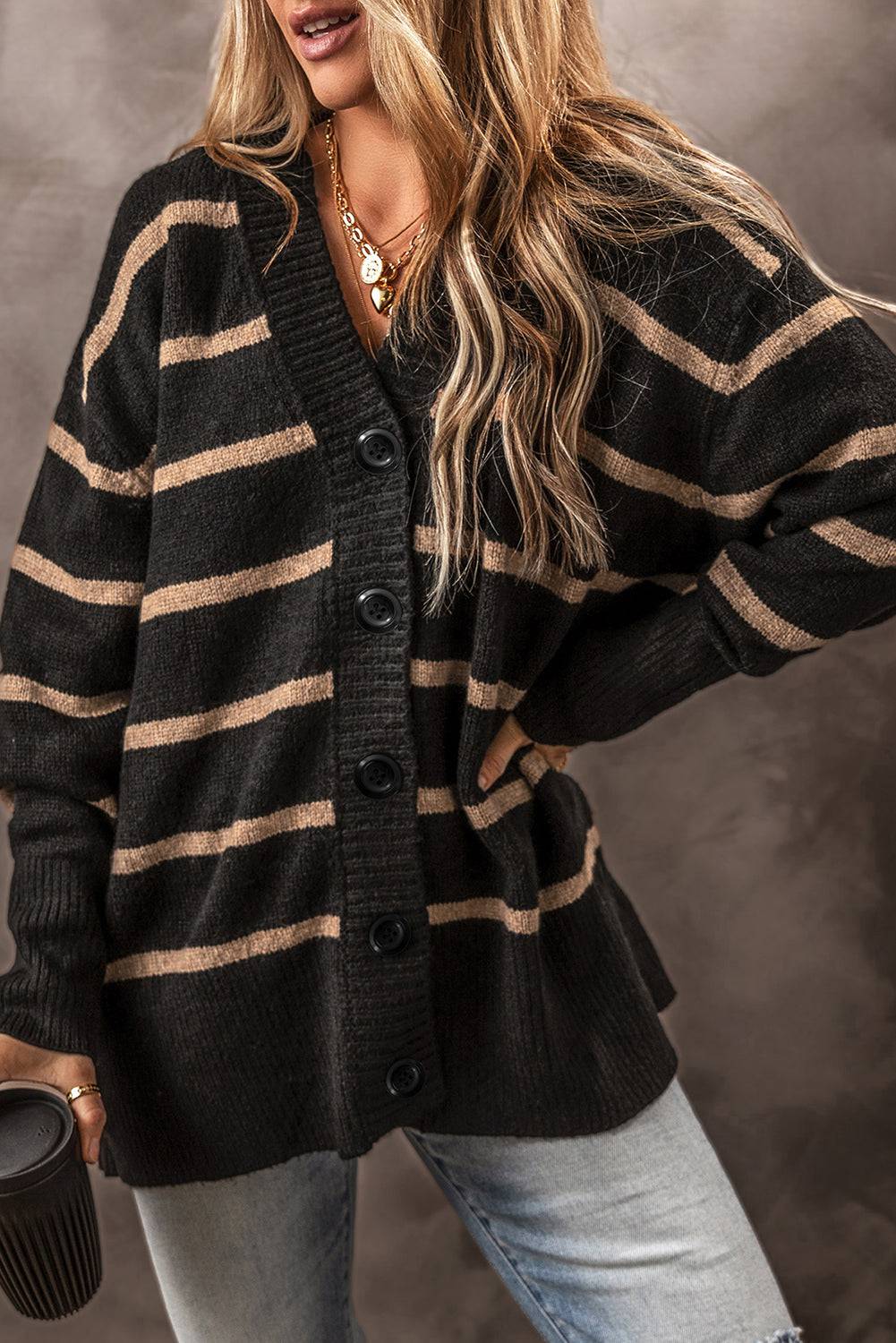 Black Stripe Buttoned V Neck Drop Shoulder Loose Cardigan - eAura