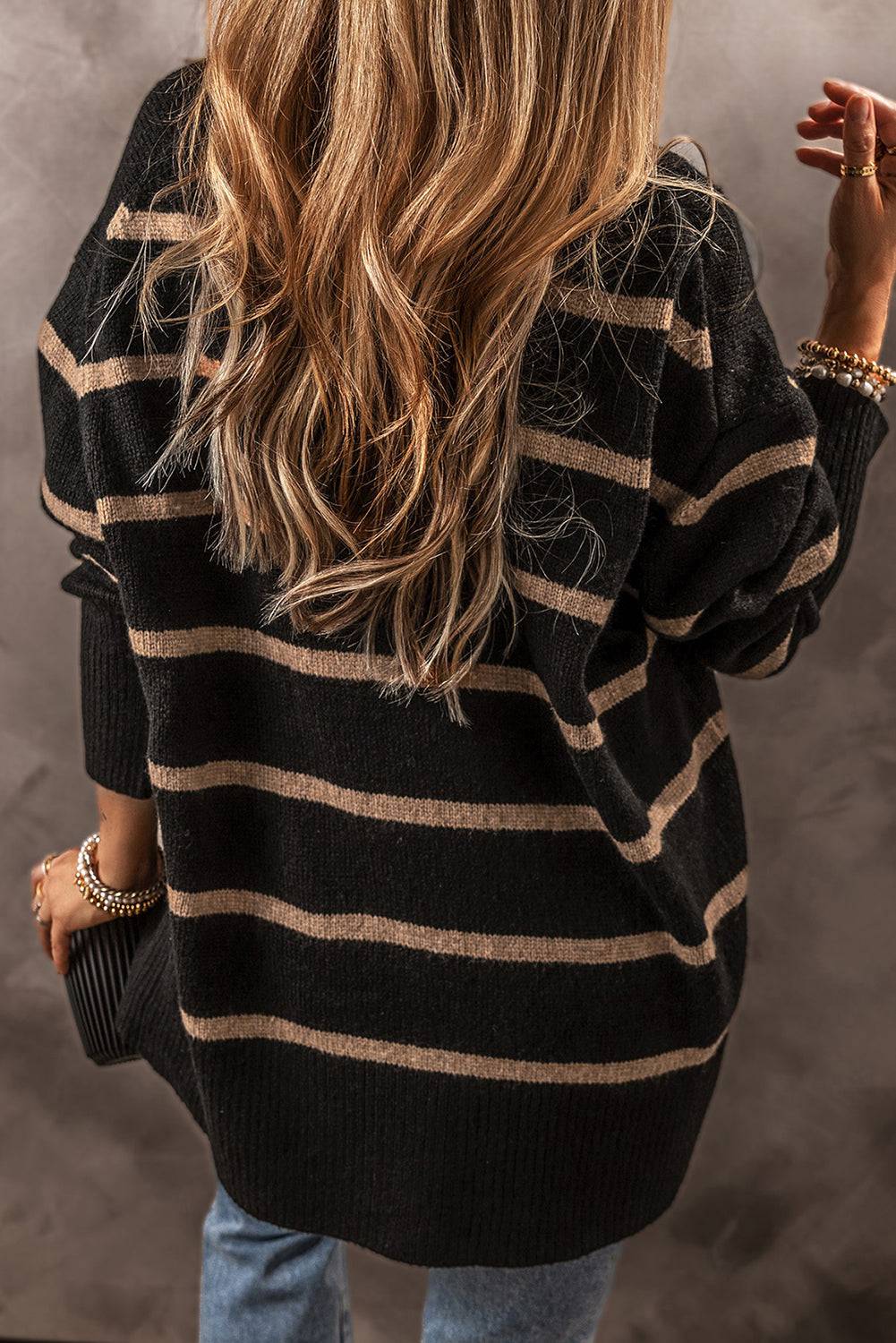 Black Stripe Buttoned V Neck Drop Shoulder Loose Cardigan - eAura