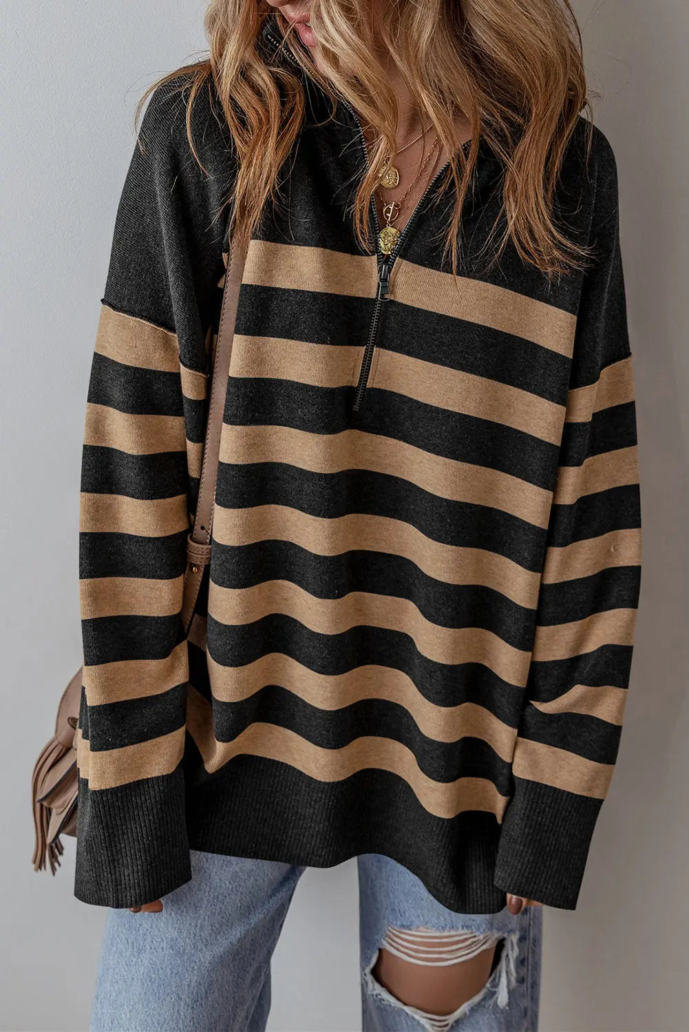 Black Stripe Collared Quarter Zipper Oversized Sweater Beagle Boutique Fashion Outlet